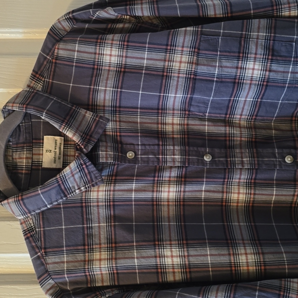 MUTUAL WEAVE BIG & TALL BLUISH GREY MEN'S PLAID LONG SLEEVE SHIRT XLT